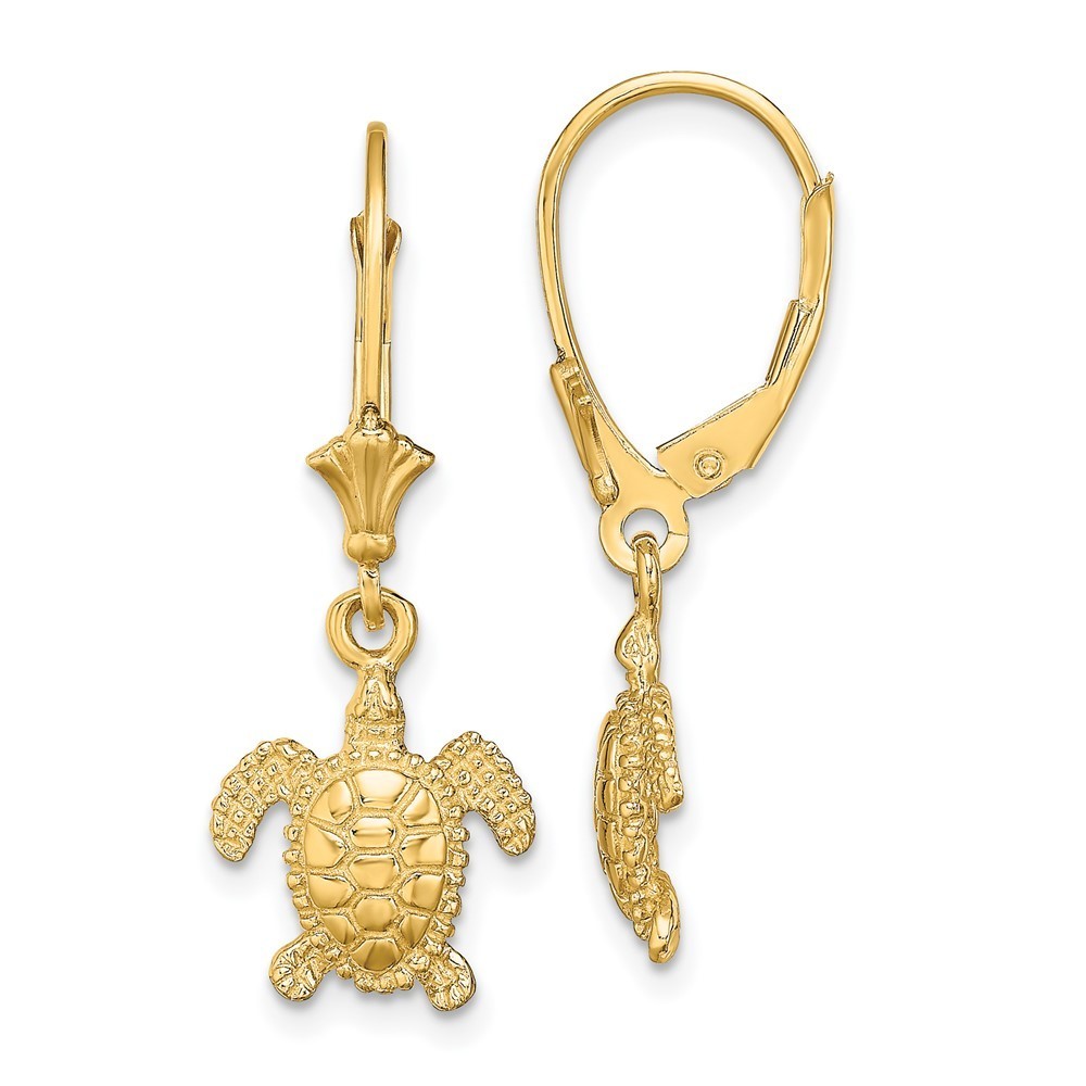 14k Yellow Gold 3-D Polished Mini Sea Turtle Leverback Dangle Drop Earrings